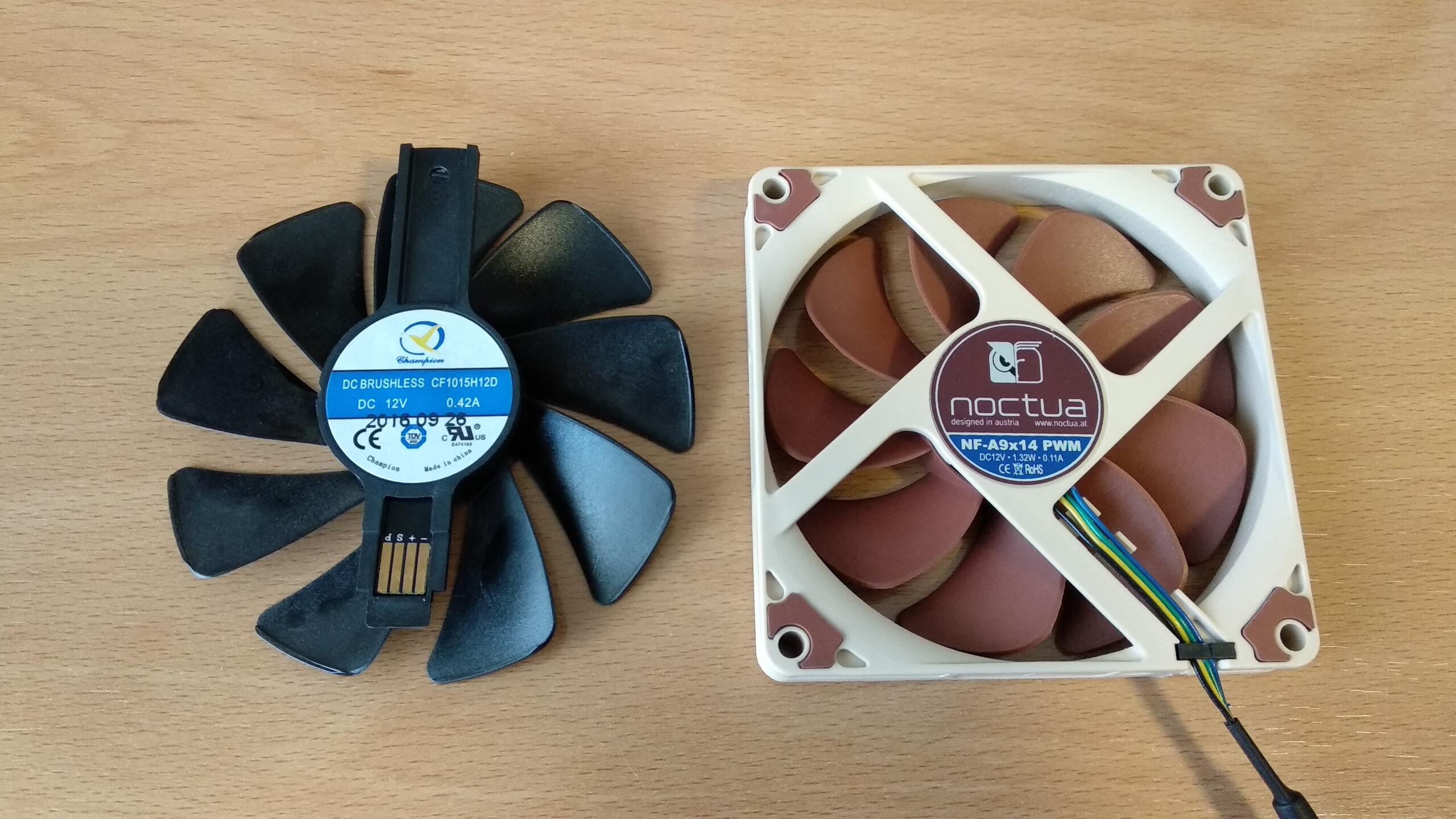 The old fan (left). The new fan (right). Note the wattage difference.